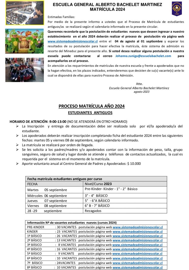 PROCESO MATRÍCULA 2024 Escuela Gral Alberto Bachelet Martínez